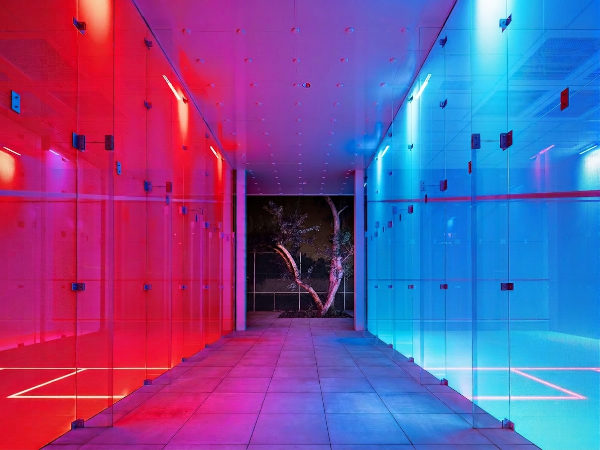 Tpoint glass squash court illuminated in vivid pink at night