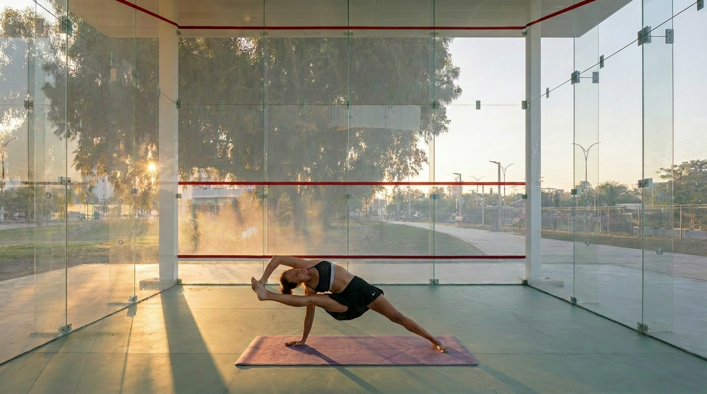 Calm yoga practice inside the Tpoint glass court, surrounded by trees